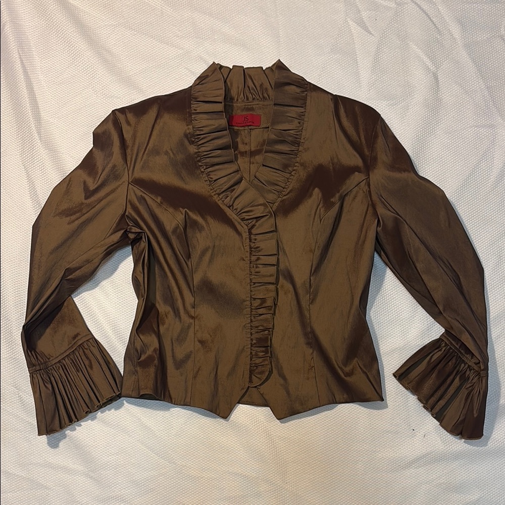 JS Collection Ruffled Satin Blazer Jacket in Brown Size 12 *PRE-OWNED*